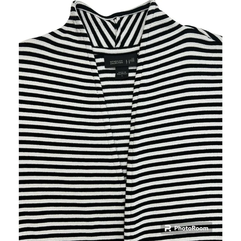 J.Jill Wearever Collection Striped Open Front Duster Cardigan Small Black White